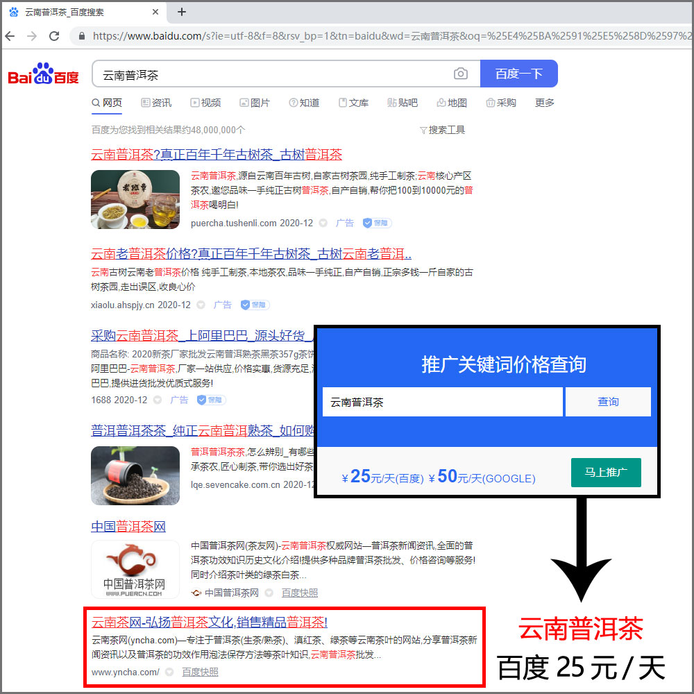 云南产品推广成功案例，推广词：云南普洱茶￥25元包天推广，上百度首页才扣费（第2页以后免费）。热门词20元起普通词8元词5个词起购